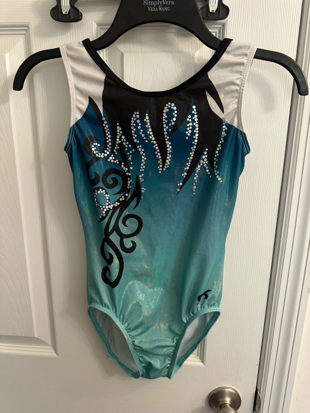 GK Gymnastics Leotard Size Adult Small Teal Black green shimmer foil